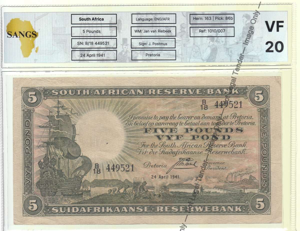 J Postmus 5-Pounds Note of 24 April 1941: Sangs VF 20