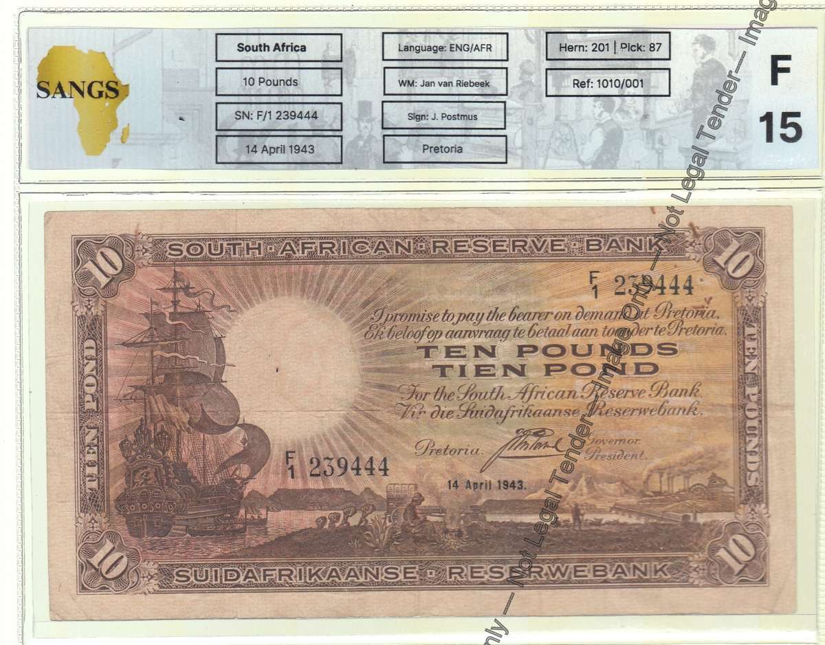 J Postmus 10-Pounds Note of 14 April 1943: Sangs F 15