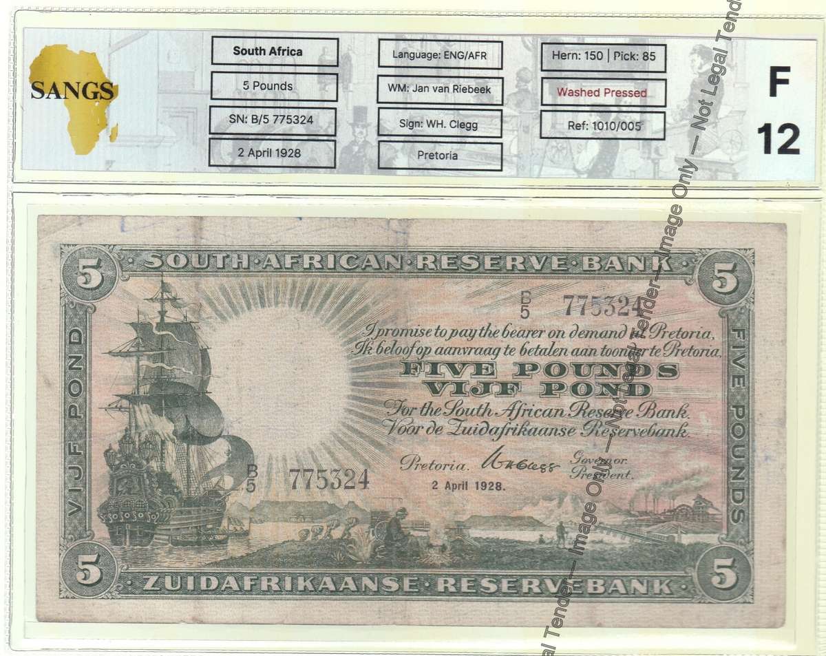 WH Clegg 5-Pounds Note of 2 April 1928: Sangs F 12