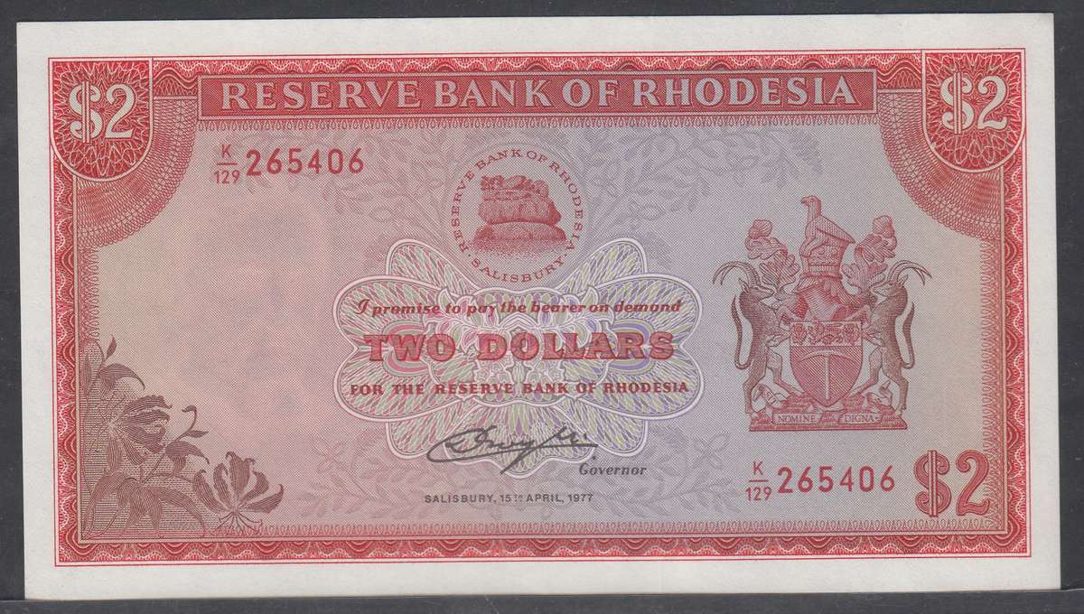 Rhodesia: High Grade 2-Dollars (Salisbury 15 April  1977) 2 available
