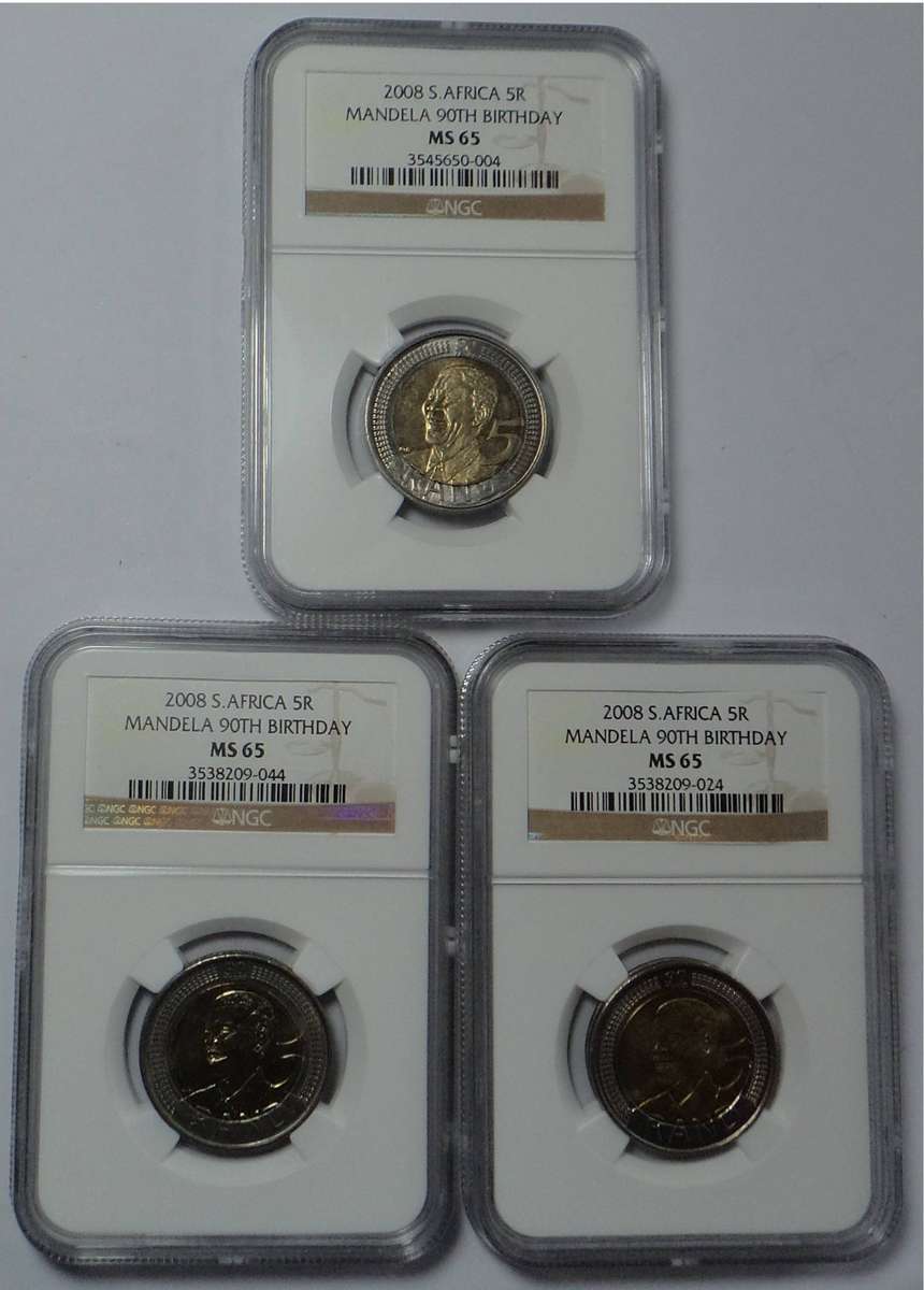 3 x 2008 R5s: Mandela 90th Birthday: NGC graded MS65