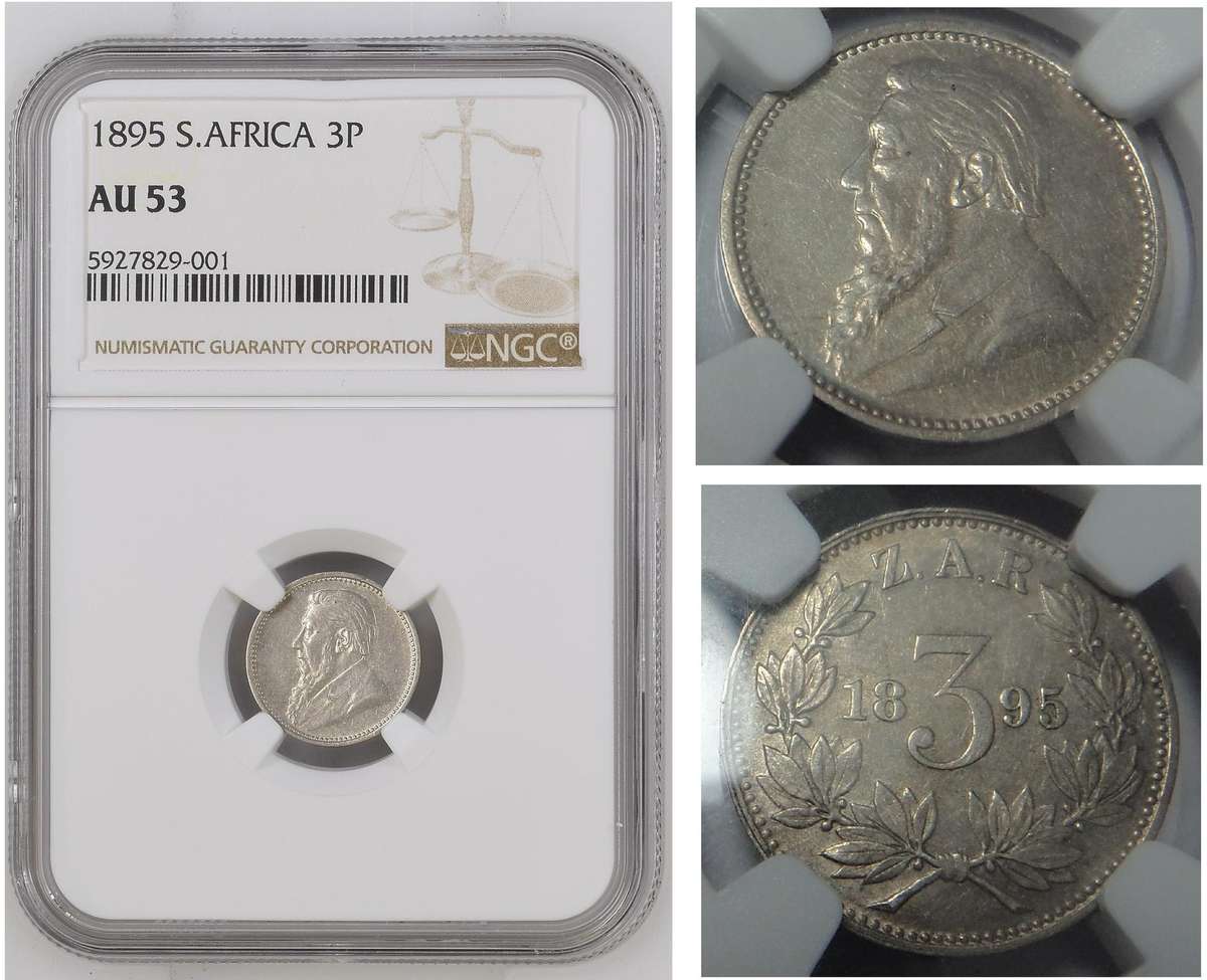 Paul Kruger ZAR 3-Pence 1895: NGC AU53