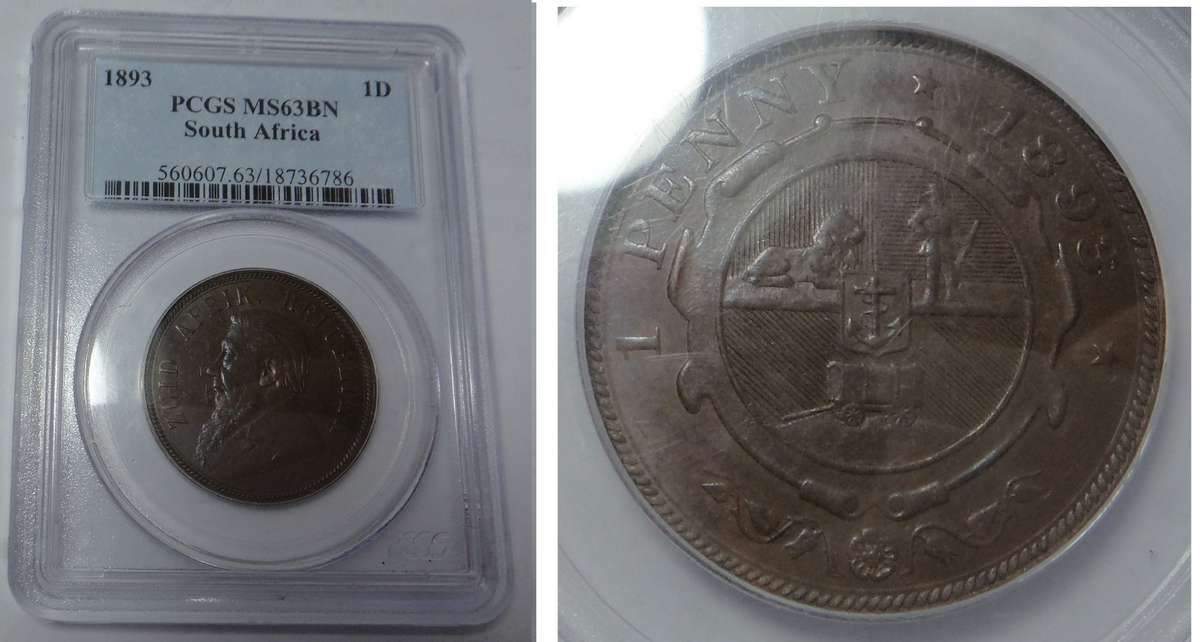 Paul Kruger ZAR: Penny of 1893: PCGS MS63 BN