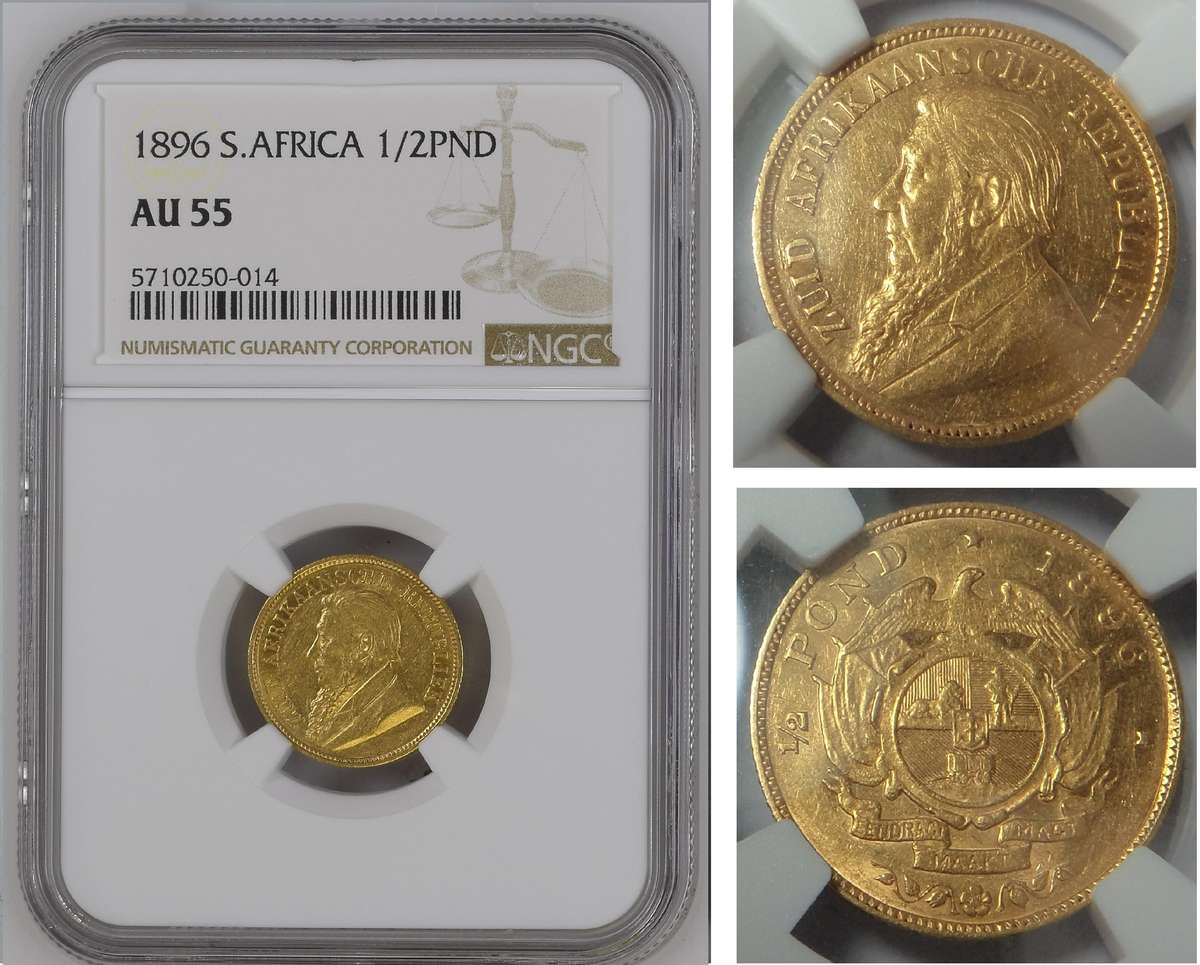 Paul Kruger ZAR: Gold Half Pond 1896: NGC AU55