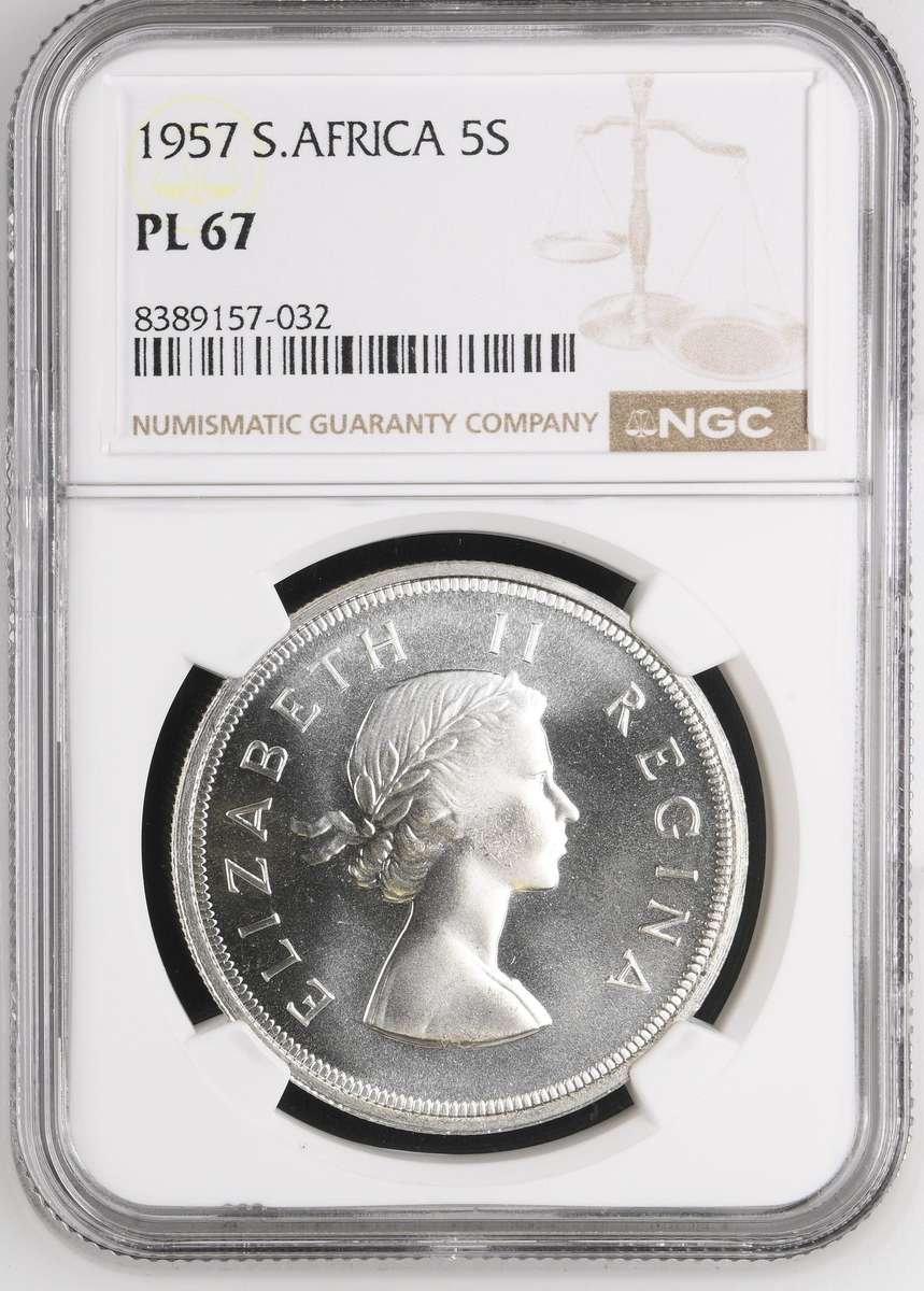 Union of SA: Crown (5/-) 1957 NGC PL67 (Top Pop)