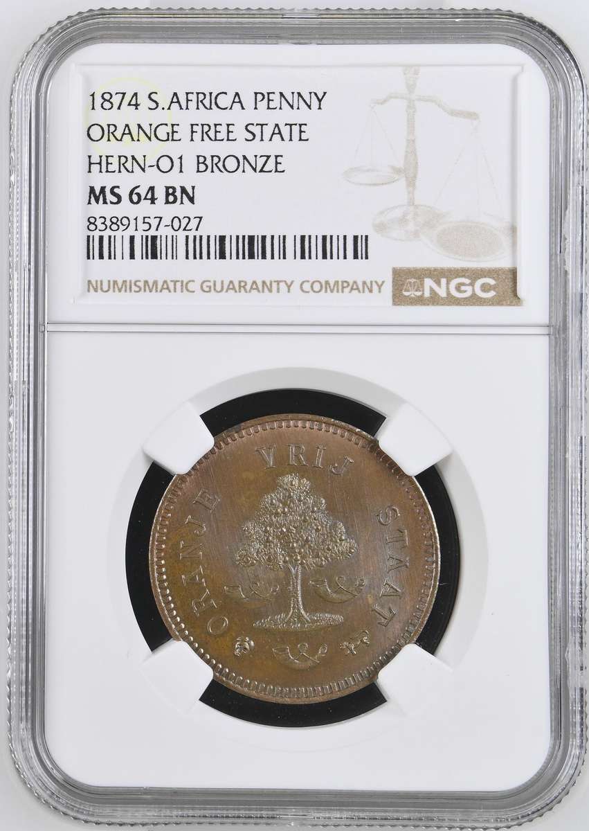 1874 Orange Free State Penny NGC MS64 BN