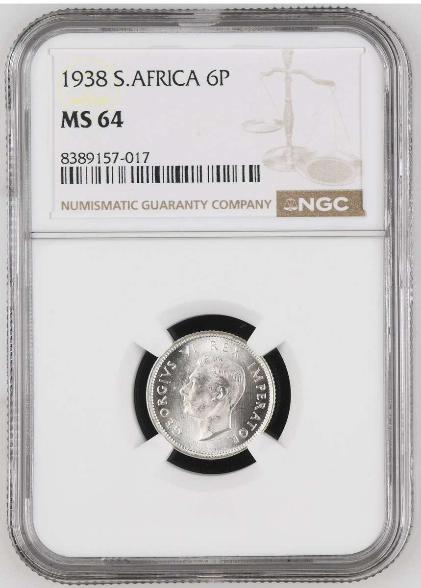 Union of SA: 6 Pence 1938 NGC MS64