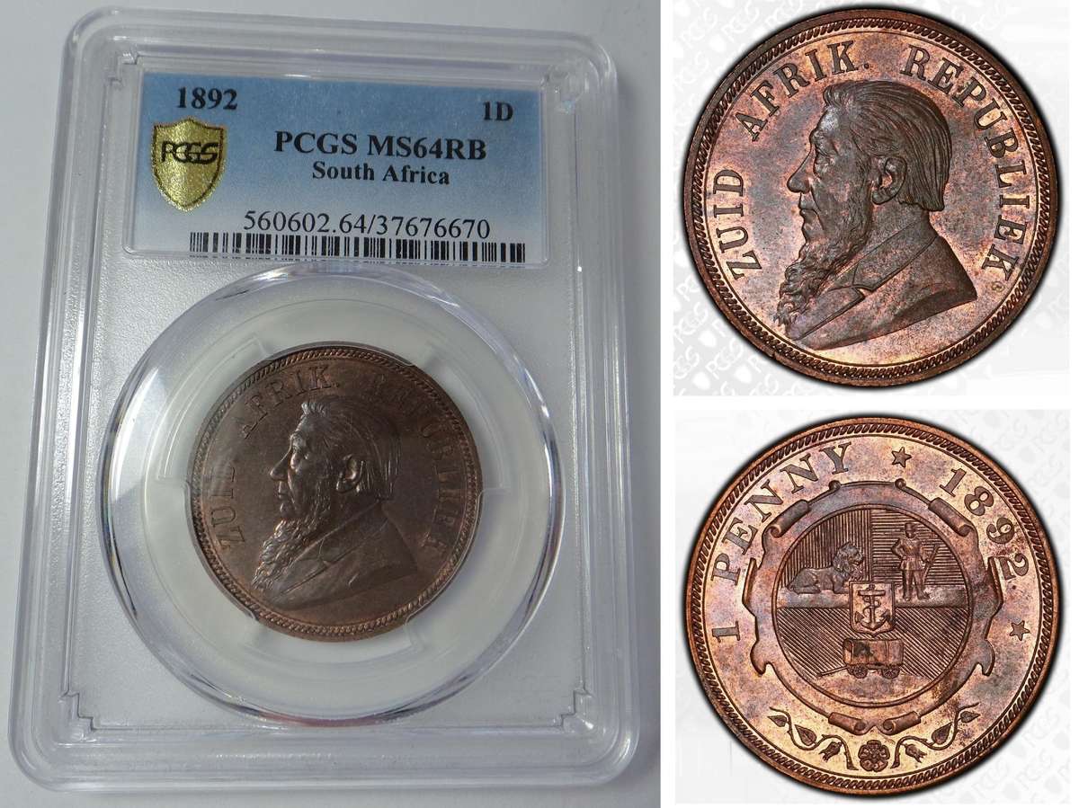 Paul Kruger ZAR Penny 1892, PCGS MS64RB