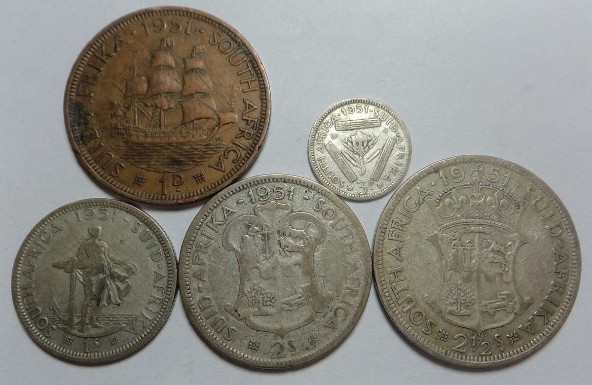 SA Union: Penny to Half Crown Set of 1951 (6d missing)