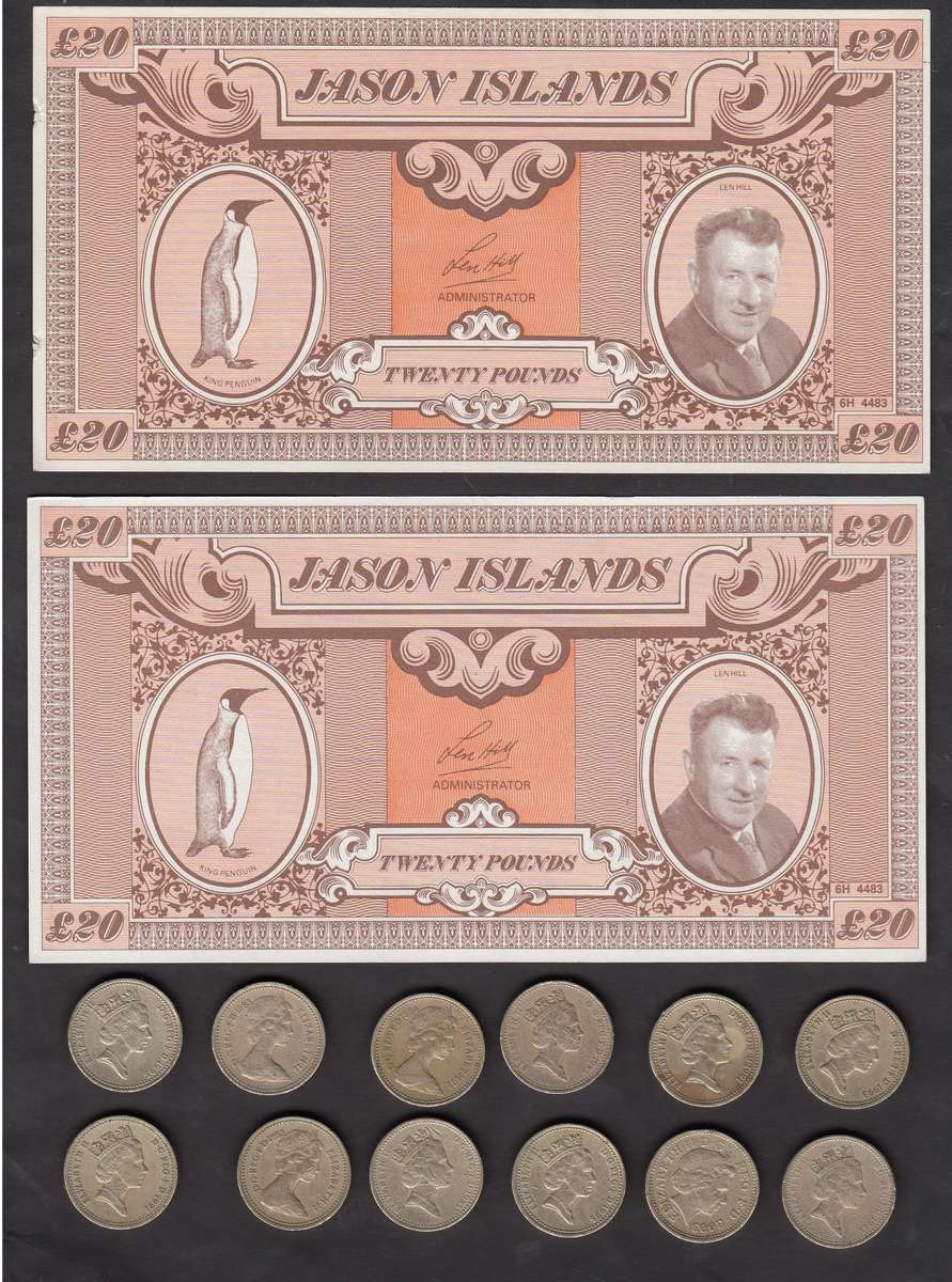 2 x Jason islands 20-Pound notes & 12 British 1-Pound Coins