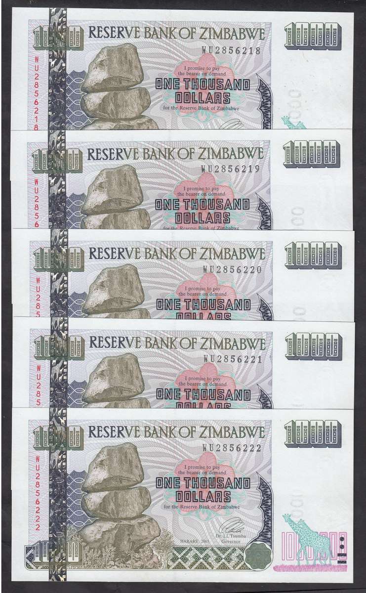 Zimbabwe: 5 x 1000 Dollar notes of 2003 in sequential order