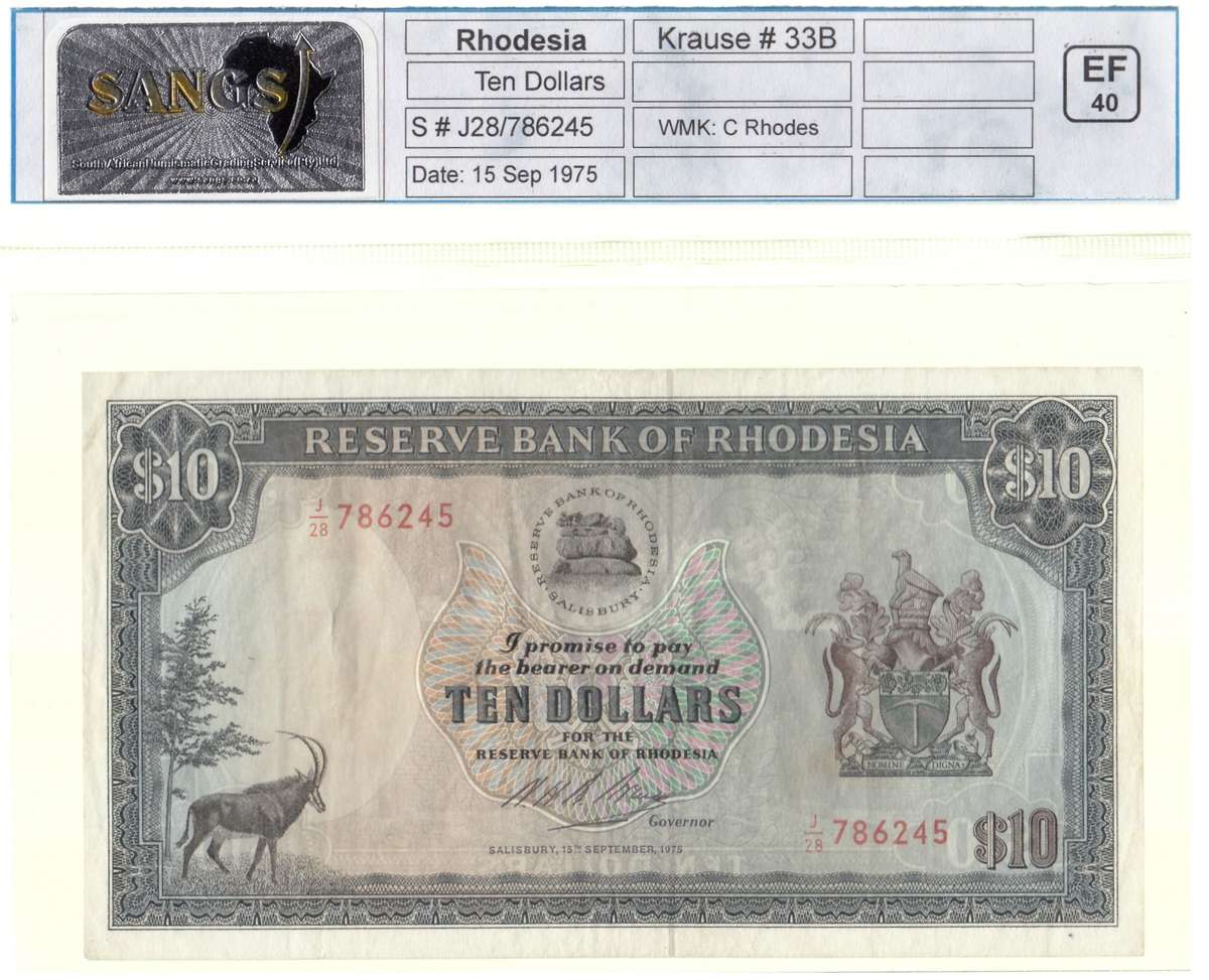 Rhodesia, 10 Dollars, 15 September 1975, Sangs EF40
