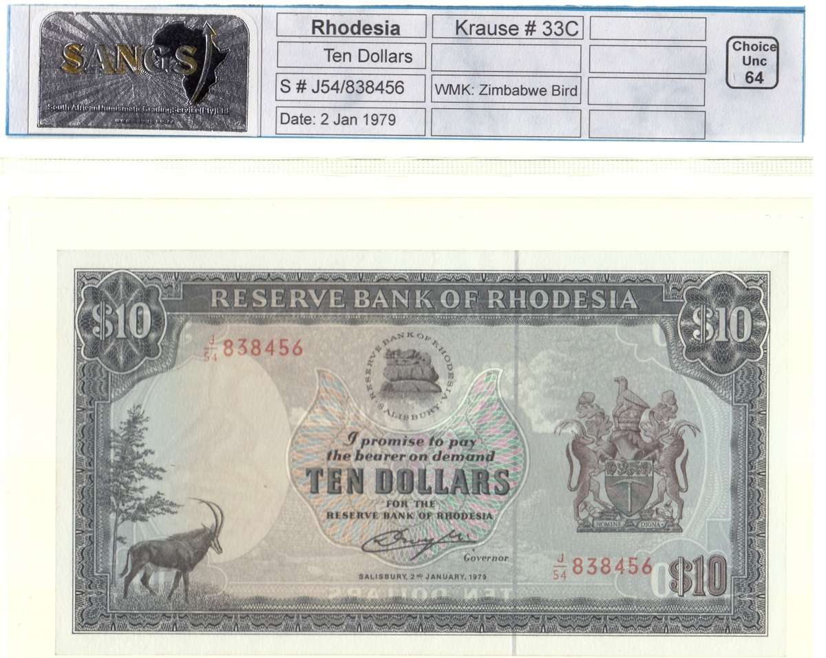 Rhodesia, 10 Dollars, 2 January 1979, Sangs Choice Unc 64