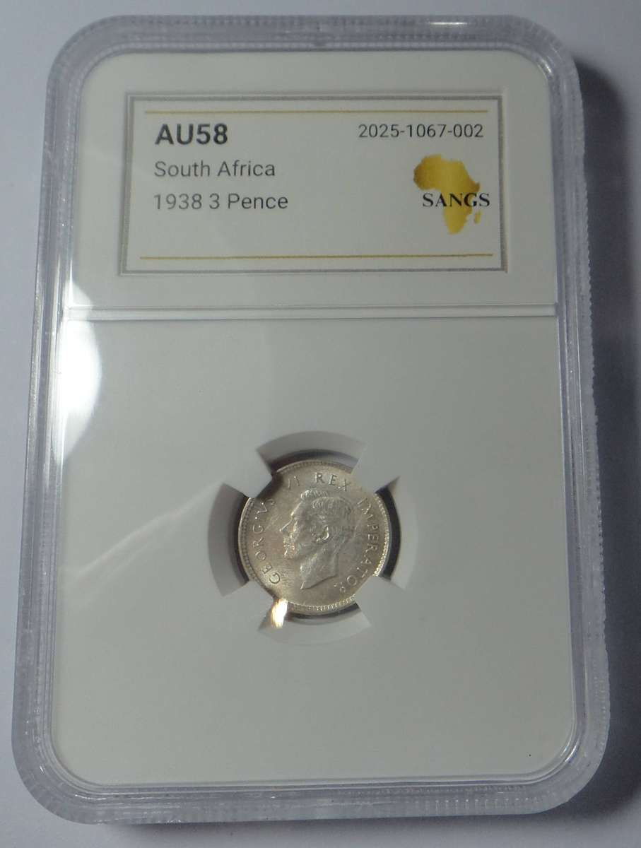 Union of SA: 3-Pence of 1938: Sangs AU58