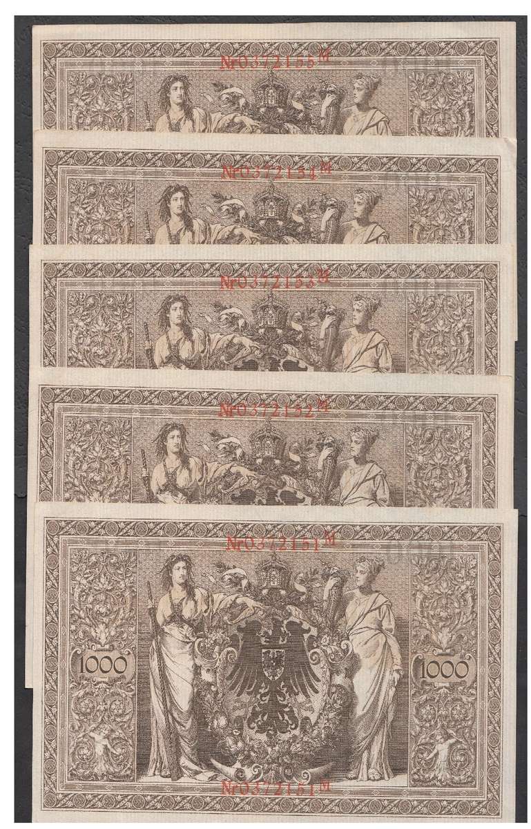 Germany: 5 x 1000 Mark Reichsbanknote of 21 April 1910 in Sequential Order