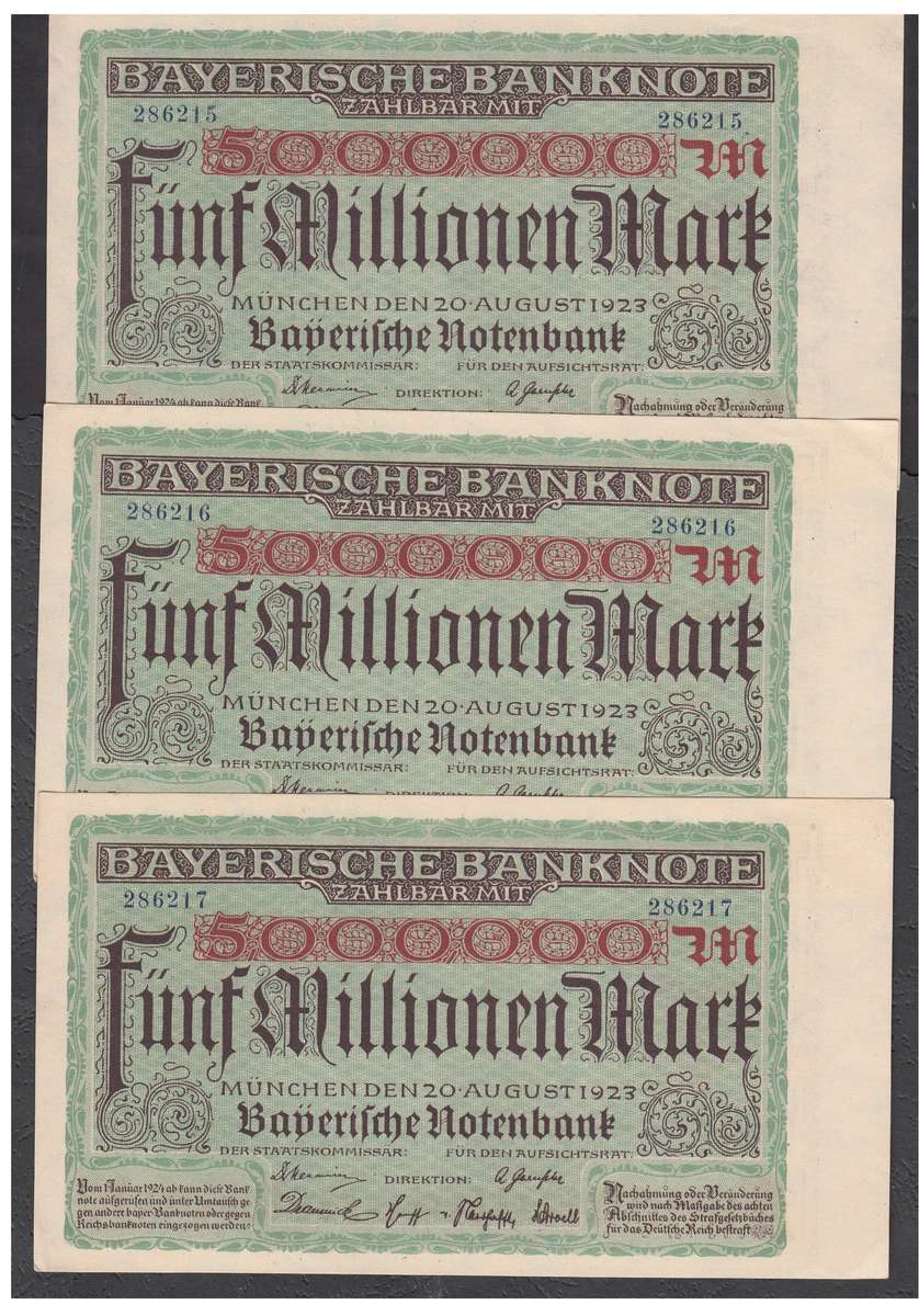 Germany: 3 x 5 Million Mark Bayerische Banknote 20 April 1923 in Sequential Order
