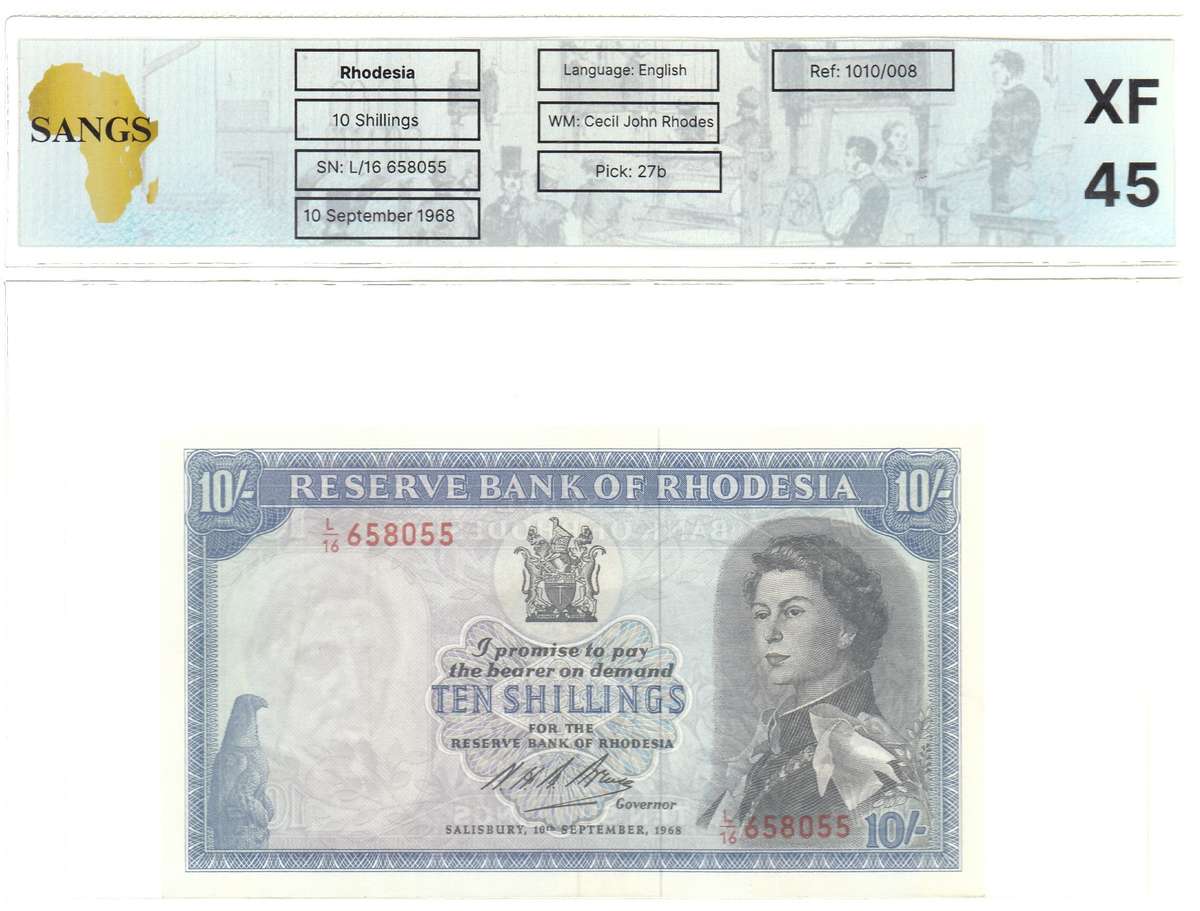 Southern Rhodesia: Ten Shillings 10 Sept. 1968: Sangs XF 45