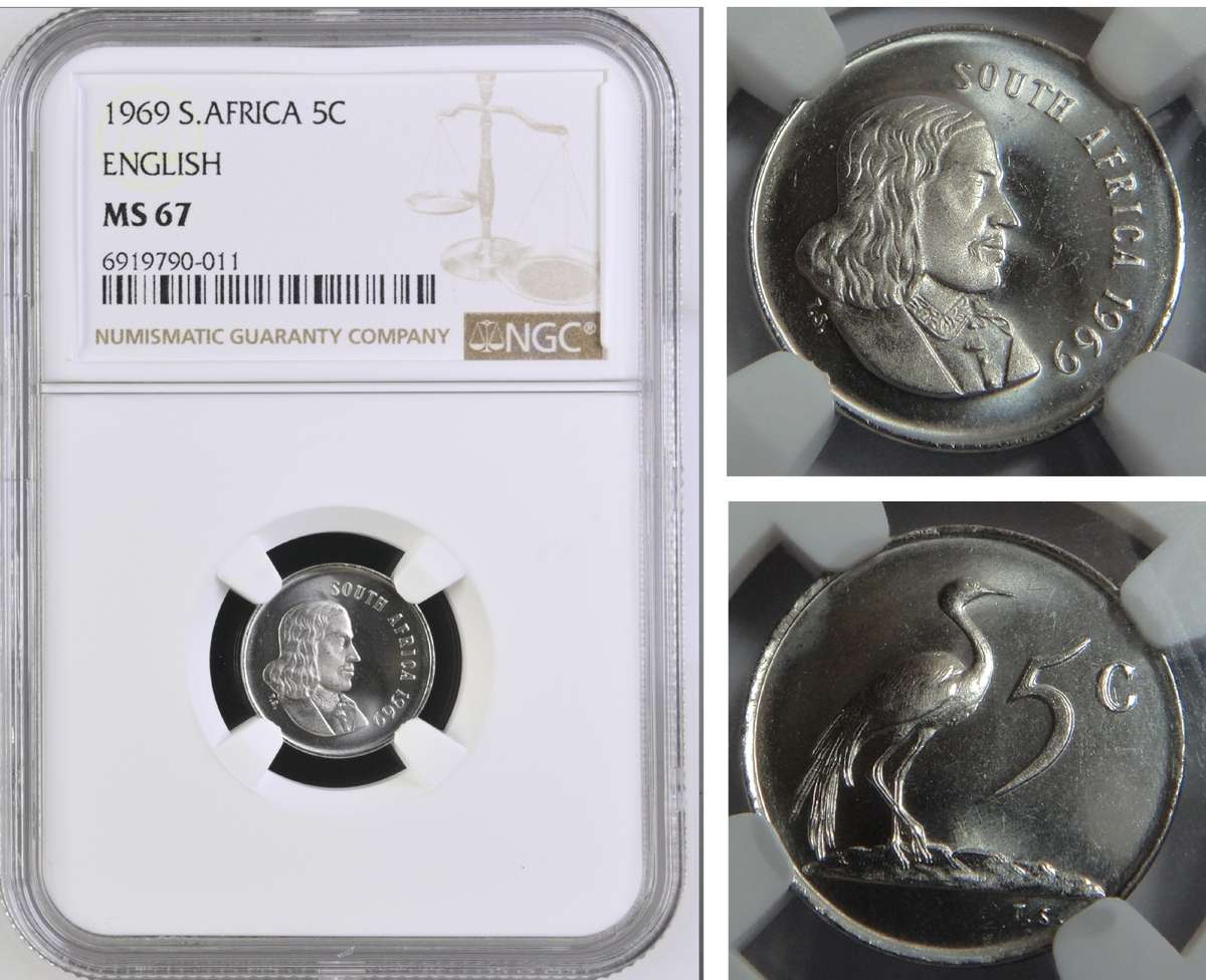 1969 English 5c, Republic of SA: NGC MS 67 (Top Pop Sharing)