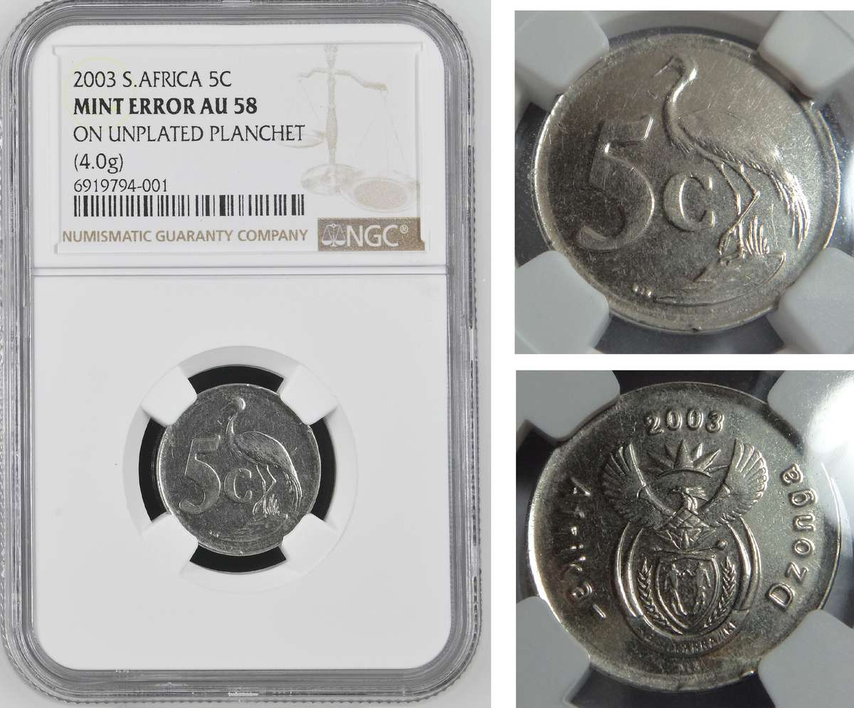 2003 5c Republic of SA, NGC Mint Error AU58 on Unplated Planchet