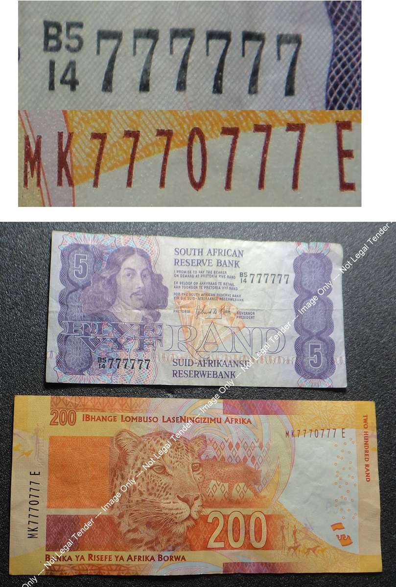 SA Banknotes with serial numbers 777777 & 7770777