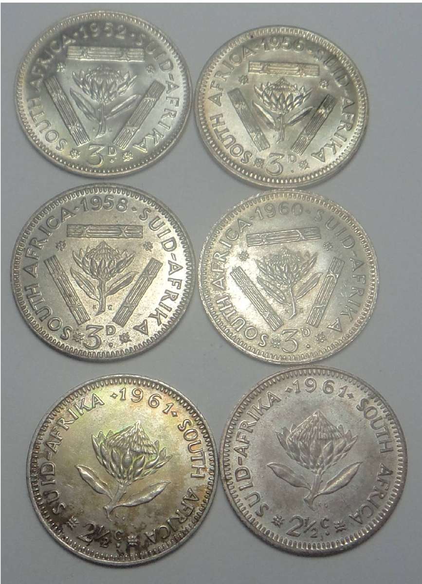 6 x UNC Silver Tickies of South Africa