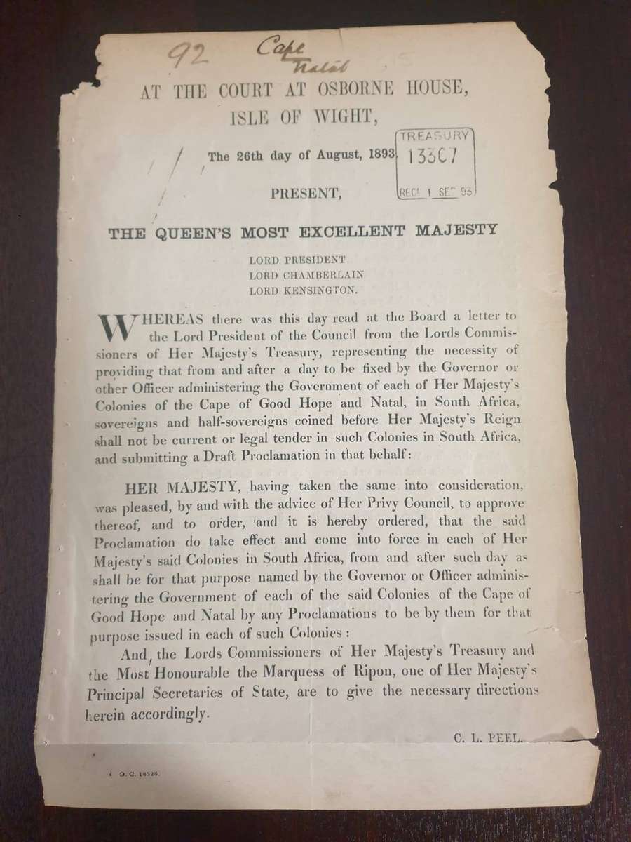 Victorian Document regarding ½ & full Sovereign circulation in Natal & Cape Colonies