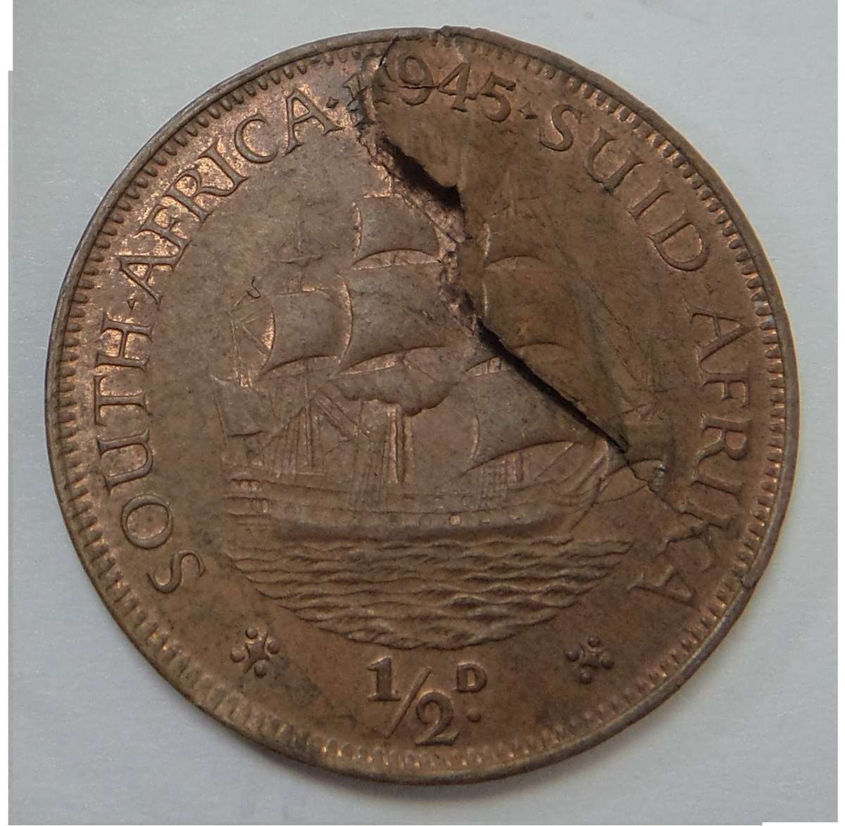 SA Union Half Penny 1945 Reverse Lamination Error