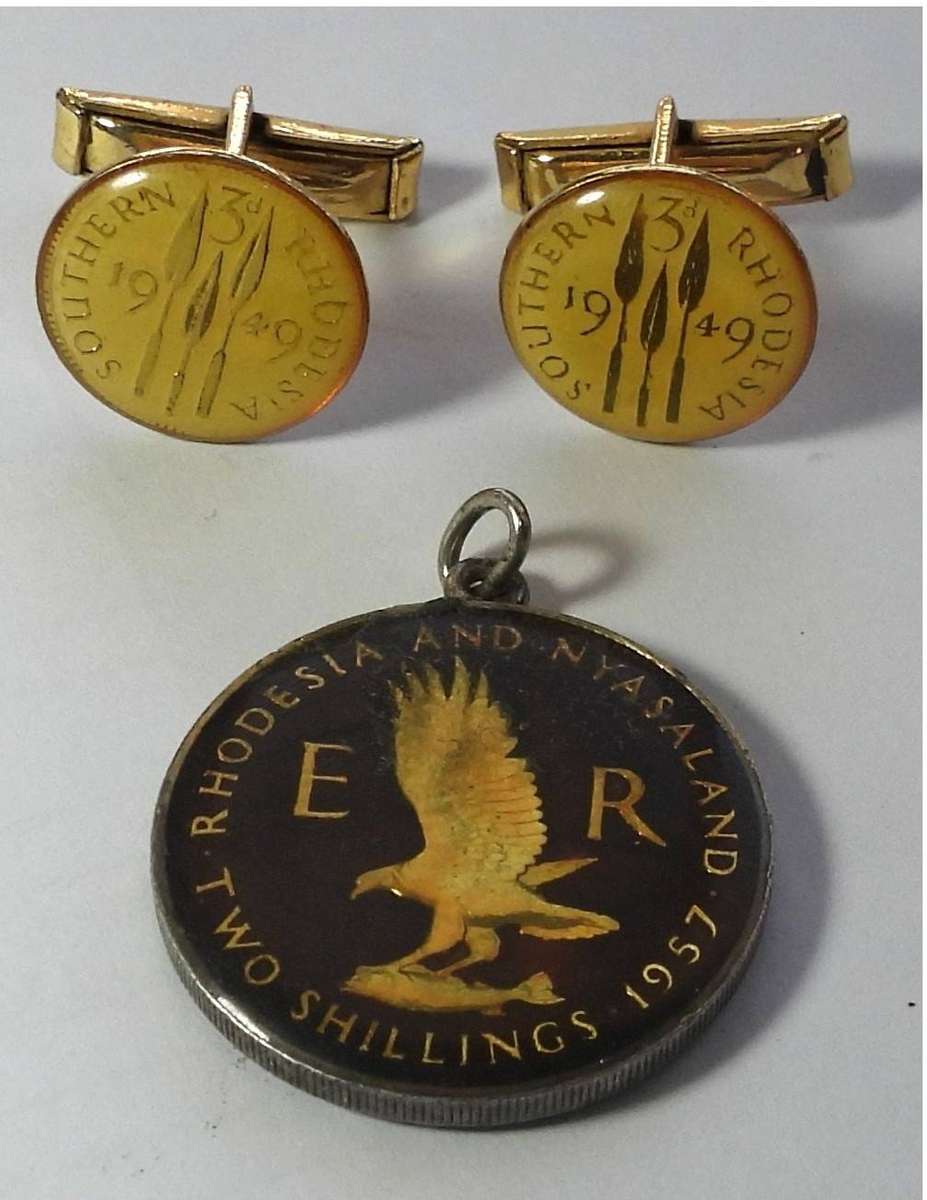 Enameled Rhodesian 2-Shilling Pendant & Tickey Cufflinks