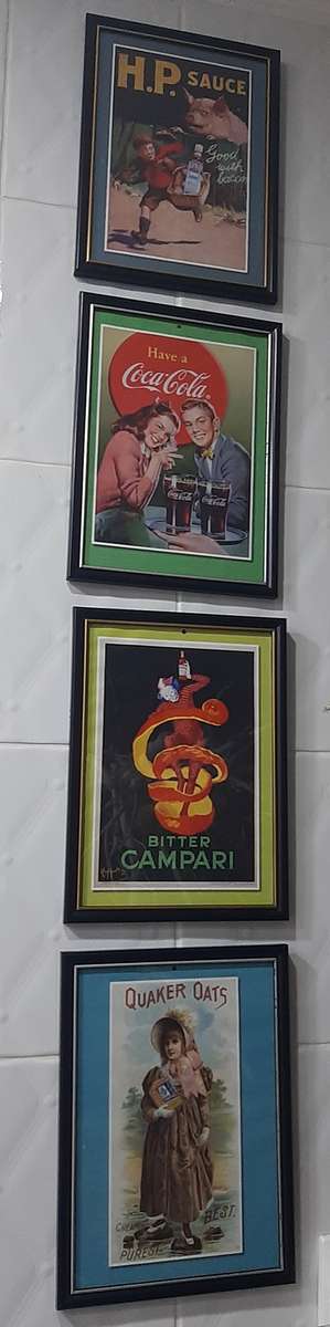 Retro advertisement prints, 4 rare pictures, size 235x320mm, framed