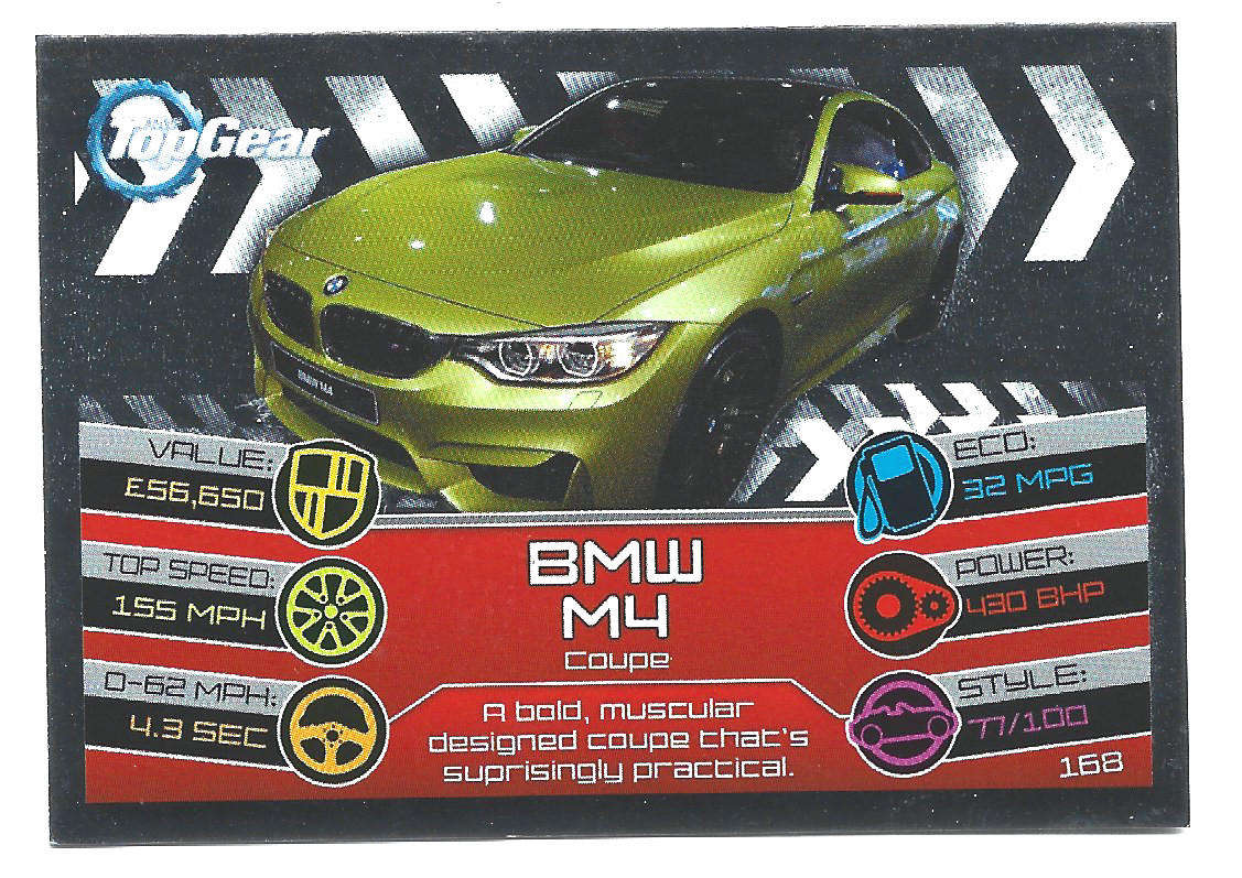 BMW M4 - TOPPS BBC TOP GEAR `TURBO ATTAX 2014/15 - RARE FOIL TRADING CARD 168