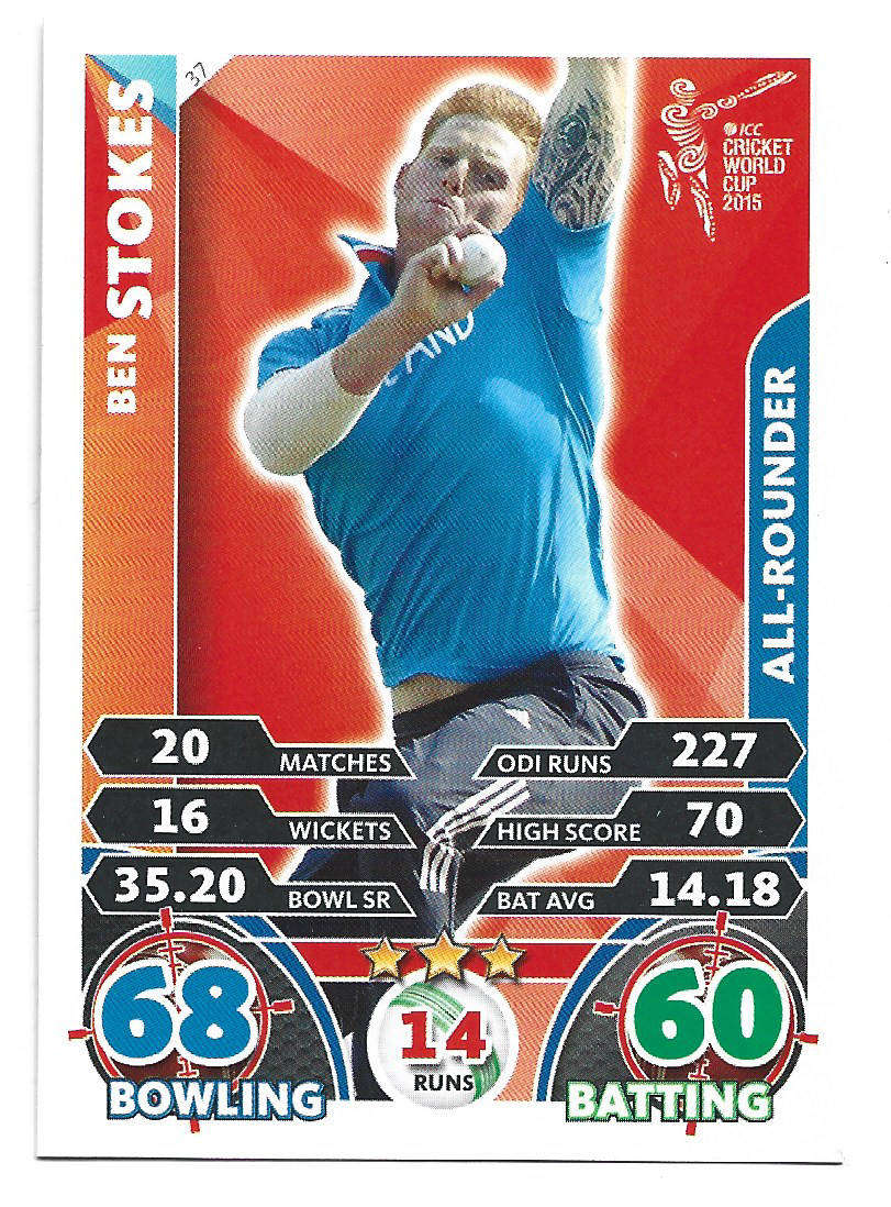 BEN STOKES - TOPPS ICC CRICKET WORLD CUP 2015 - BASE TRADING CARD 37