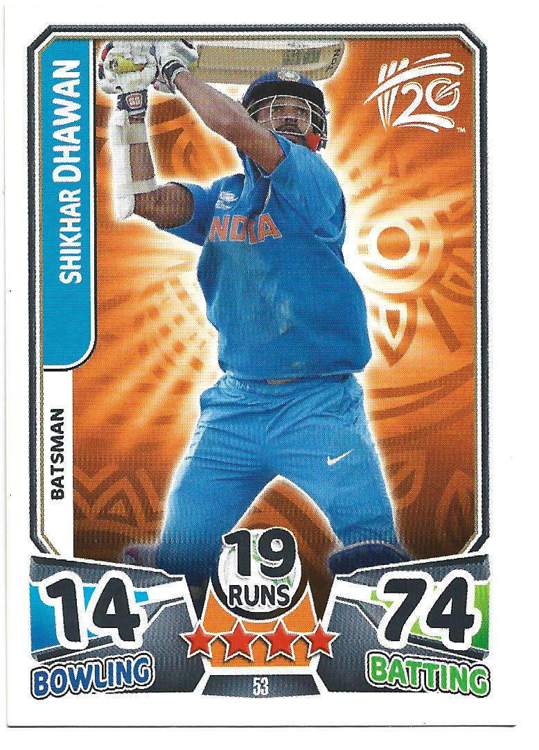 SHIKHAR DHAWAN - TOPPS ICC CRICKET T20 WORLD CUP 2014 - BASE TRADING CARD  53