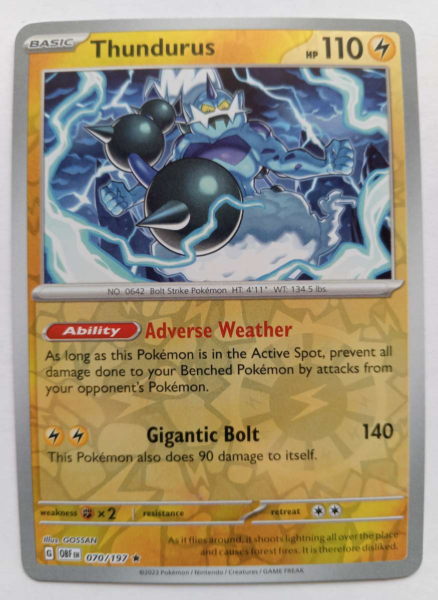 THUNDURUS - POKEMON NINTENDO OBSIDIAN FLAMES  - REVERSE HOLO TRADING CARD 70/197