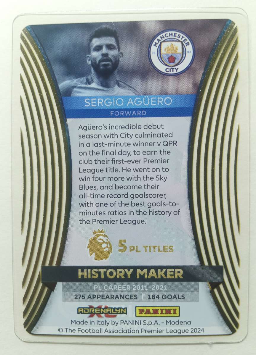 SERGIO AGUERO  - PANINI English Premier League 2024/25 - RARE CRYSTAL "HISTORY MAKER" TRADING CARD