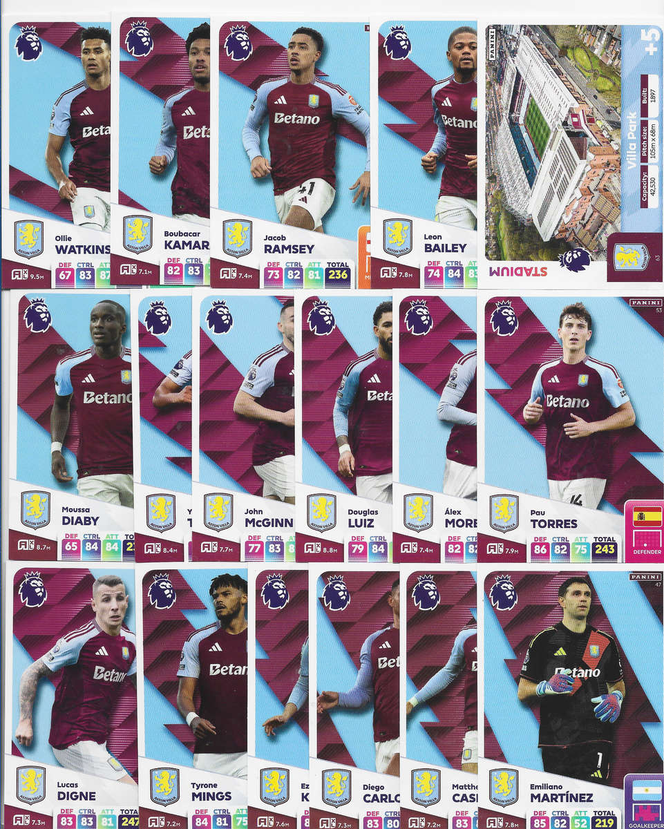 ASTON VILLA FC  - PANINI English Premier League 2024/25 - COMPLETE TEAM SET of 23 CARDS