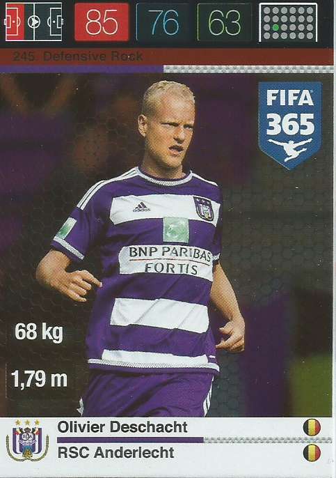 OLIVIER DESCHACHT - PANINI "FIFA 365" 2016 COLLECTION - FOIL "DEFENSIVE ROCK" TRADING CARD 245