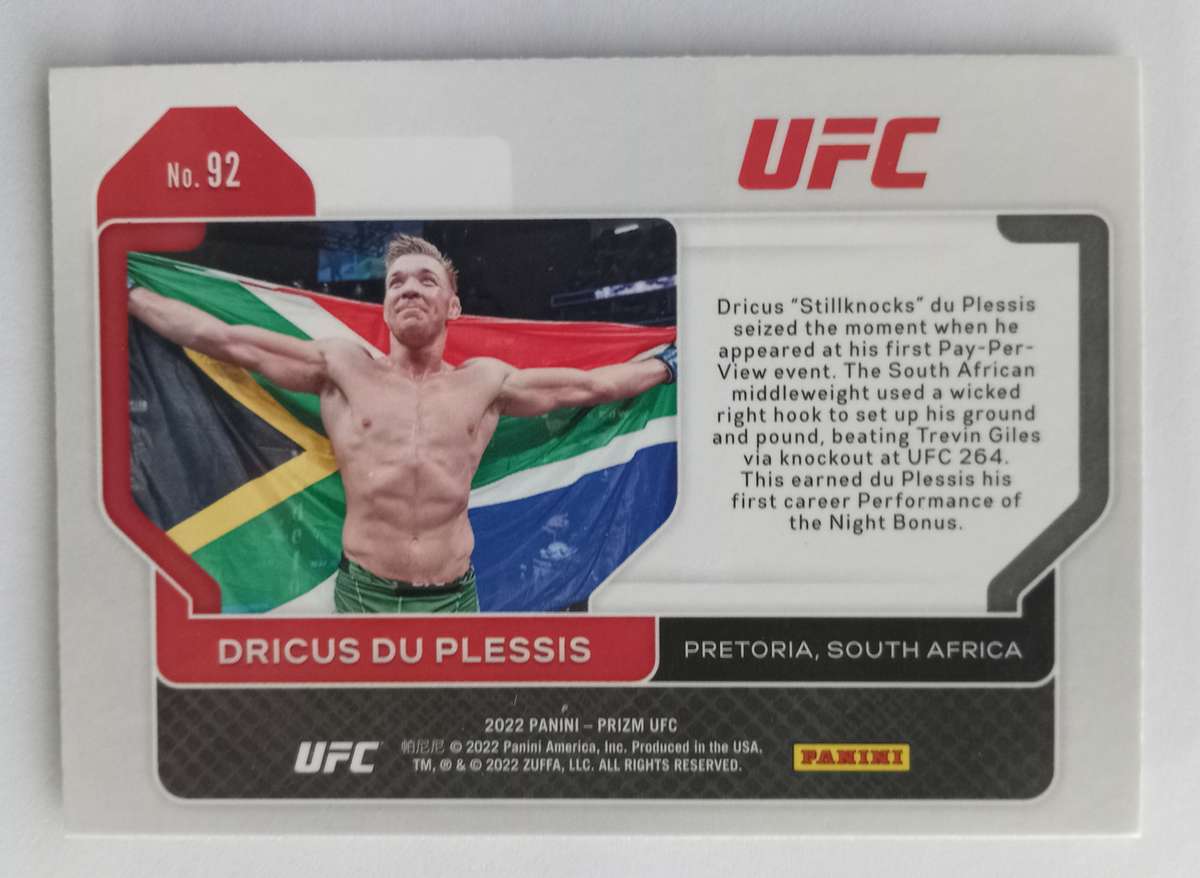 DRICUS DU PLESSIS - PANINI UFC PRIZM 2022 - CERTIFIED ROOKIE PRIZM TRADING CARD 92