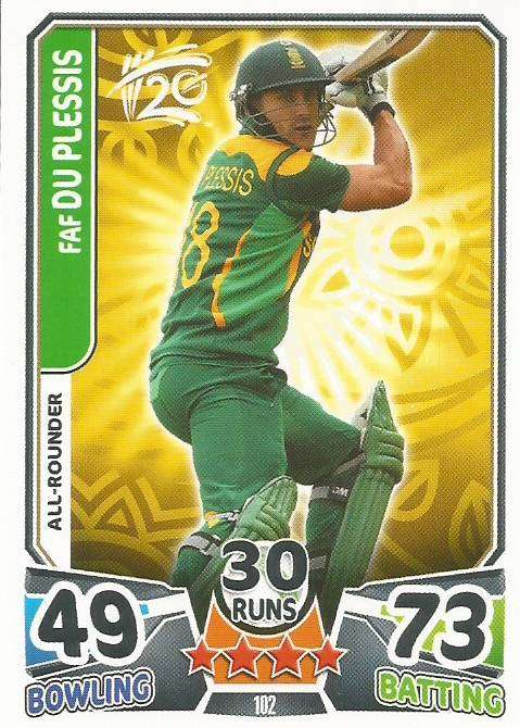 FAF du PLESSIS  `Proteas` - `TOPPS` ICC CRICKET T20 WORLD CUP 2014 - `BASE` TRADING CARD 102