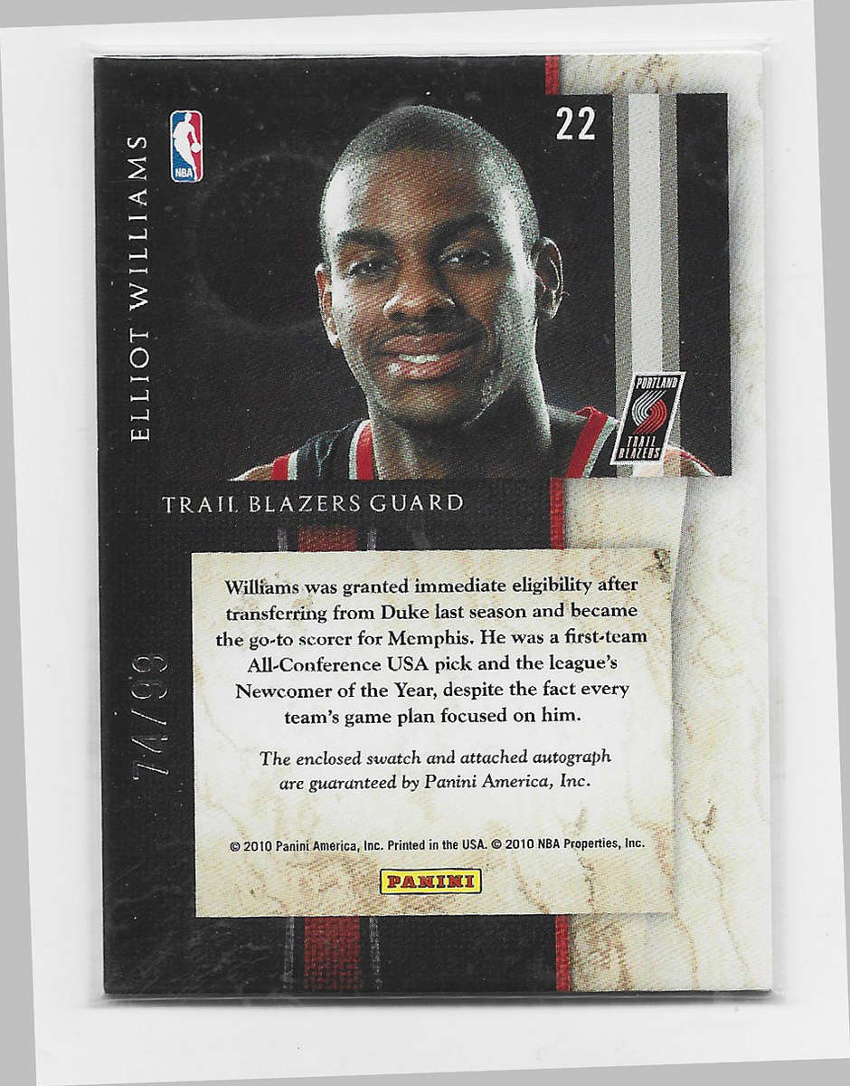 ELLIOT WILLIAMS -  PANINI NBA 2010  "AUTOGRAPH RELIC FIBERS"  TRADING CARD 74 of 99