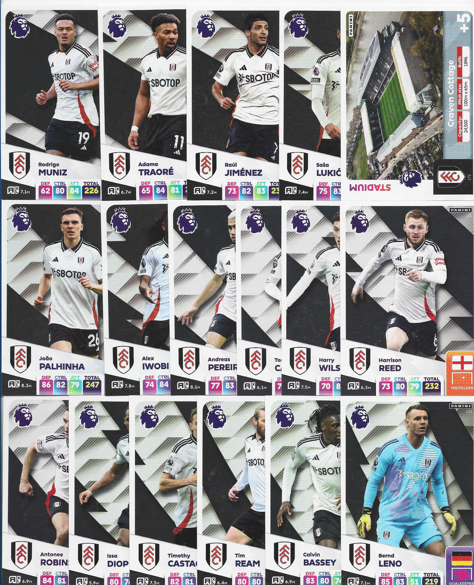 FULHAM FC  - PANINI English Premier League 2024/25 - COMPLETE TEAM SET of 22 CARDS