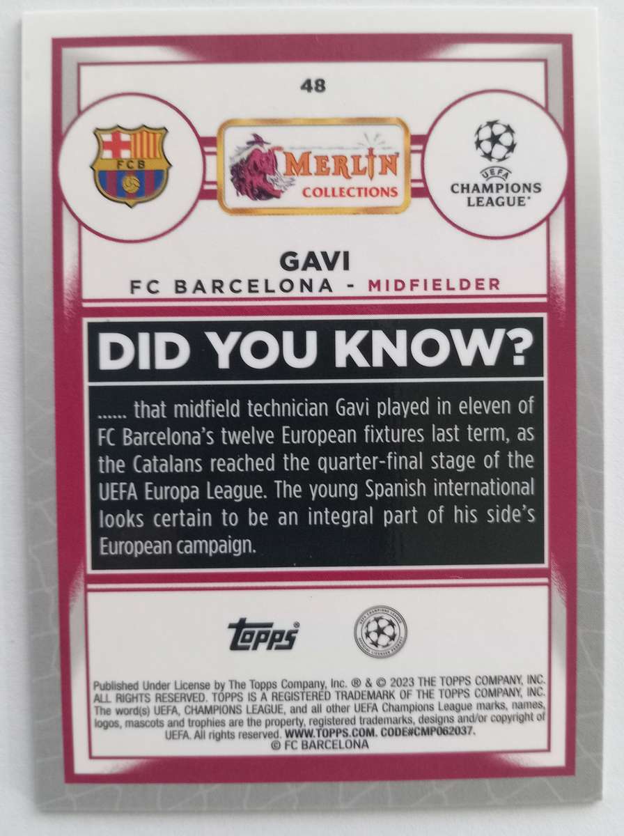 GAVI (Barcelona) - TOPPS MERLIN UEFA CHROME 2023/24 - ATOMIC CHROME CARD 225 of 250