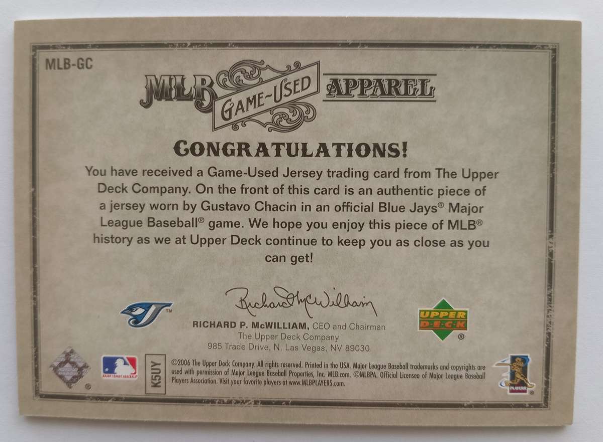 GUSTAVO CHACIN - UPPER DECK BASEBALL ARTIFACTS 2006 - RARE "GAME JERSEY" TRADING CARD 71 of 325