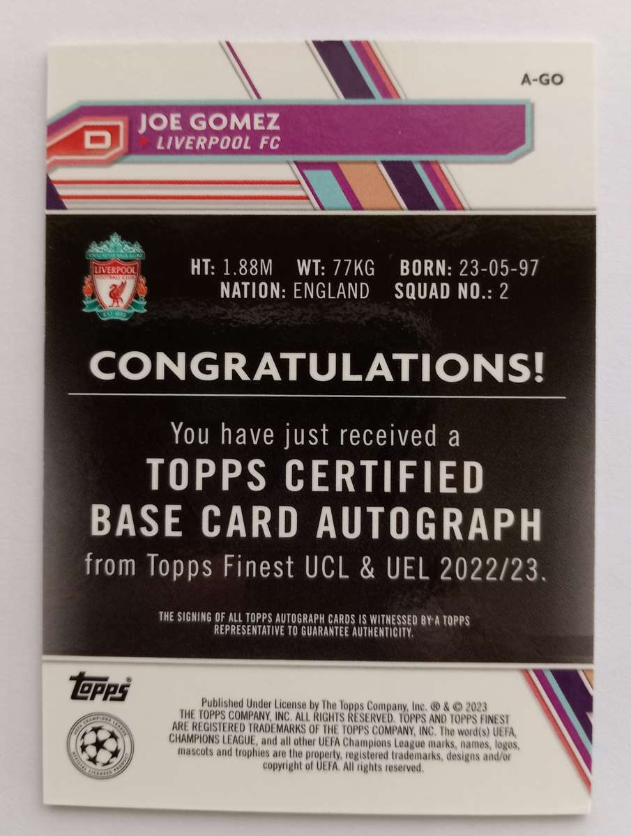 JOE GOMEZ (Liverpool) - TOPPS FINEST C/League 2023 - CERTIFIED AUTOGRAPH TRADING CARD A-GO