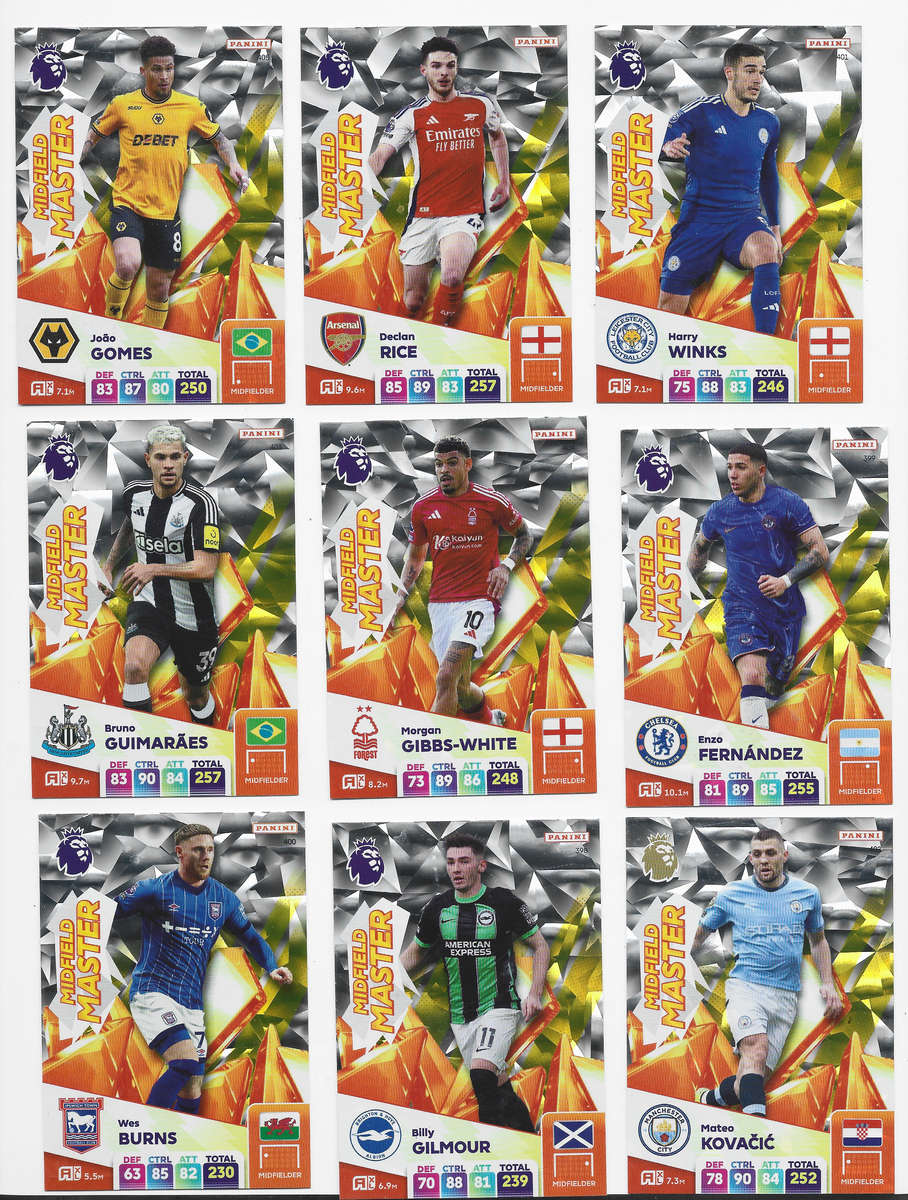 PANINI English Premier League 2024/25 - COMPLETE SET of 9 FOIL "MIDFIELD MASTER" TRADING CARDS