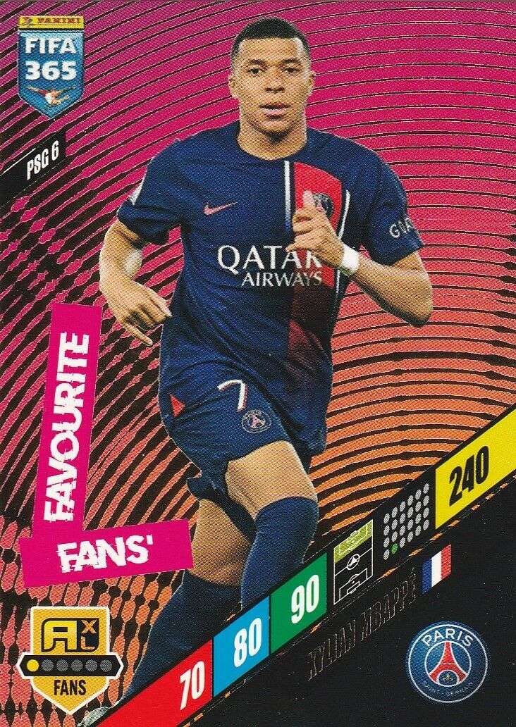 KYLIAN MBAPPE - PANINI `FIFA 365 COLLECTION` 2024 - `FANS FAVOURITE` FOIL TRADING CARD PSG6
