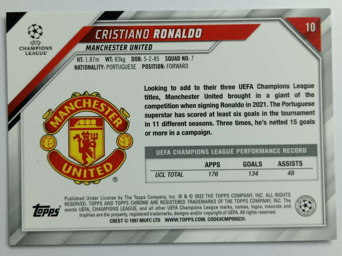 CRISTIANO RONALDO - TOPPS CHROME CHAMPIONS LEAGUE 2021/22 COLLECTION - TRADING CARD 10