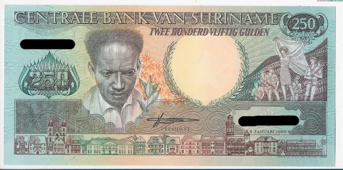 CENTRAL BANK of SURINAME  - 250 GULDEN BANK NOTE  1988 - NOTE in UNC CONDITION
