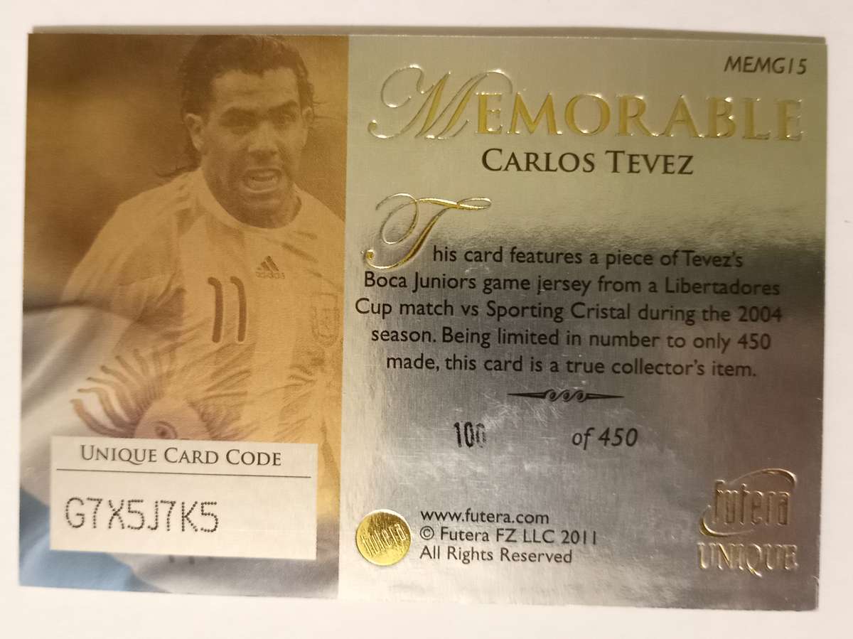 CARLOS TEVEZ (Argentina) - FUTERA MEMORABLE 2011 COLLECTION - RARE MEMORABILIA CARD 100 of 450
