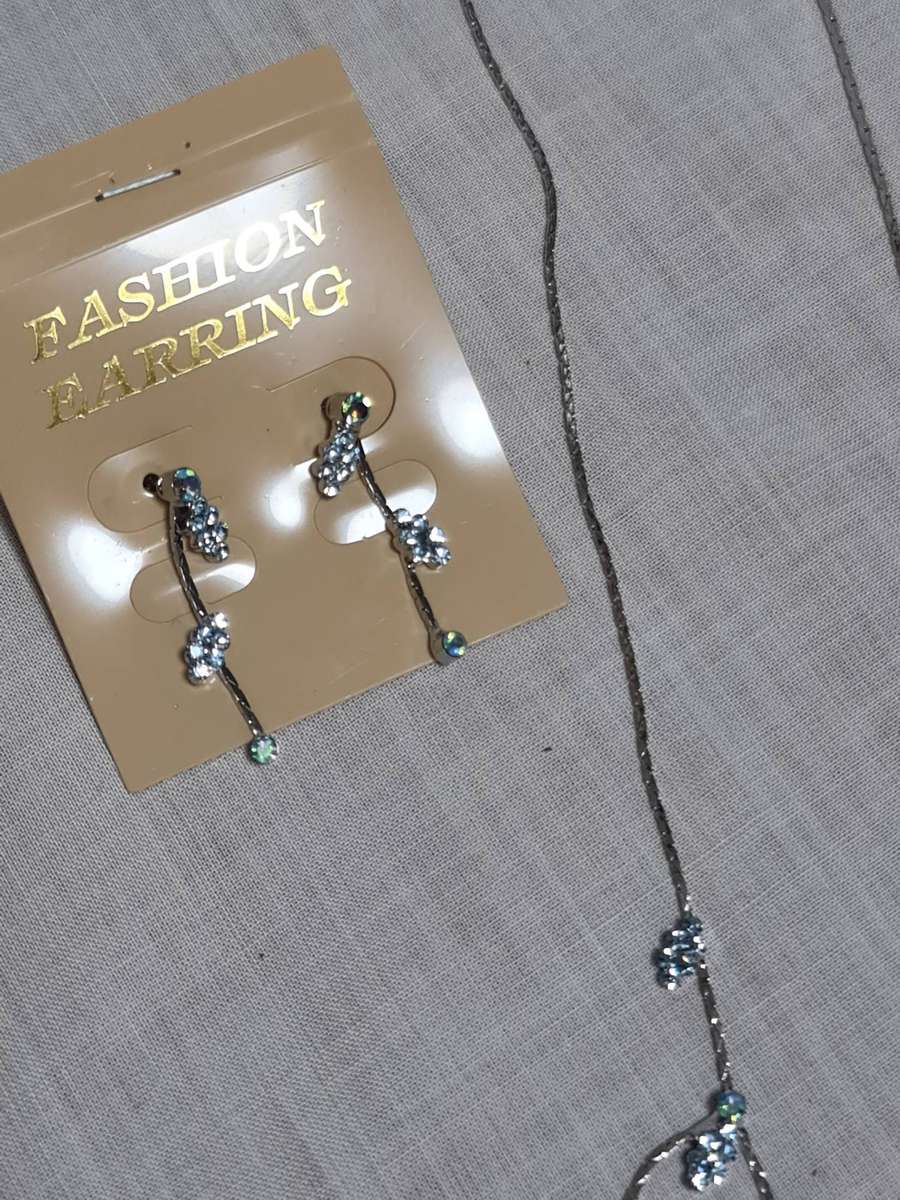 Silver Tone necklace and earrings with blue stones