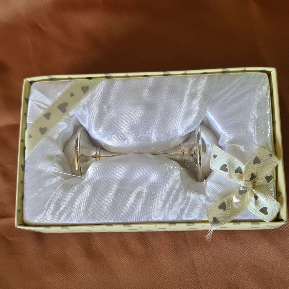 Silver Tone vintage baby rattle in original box